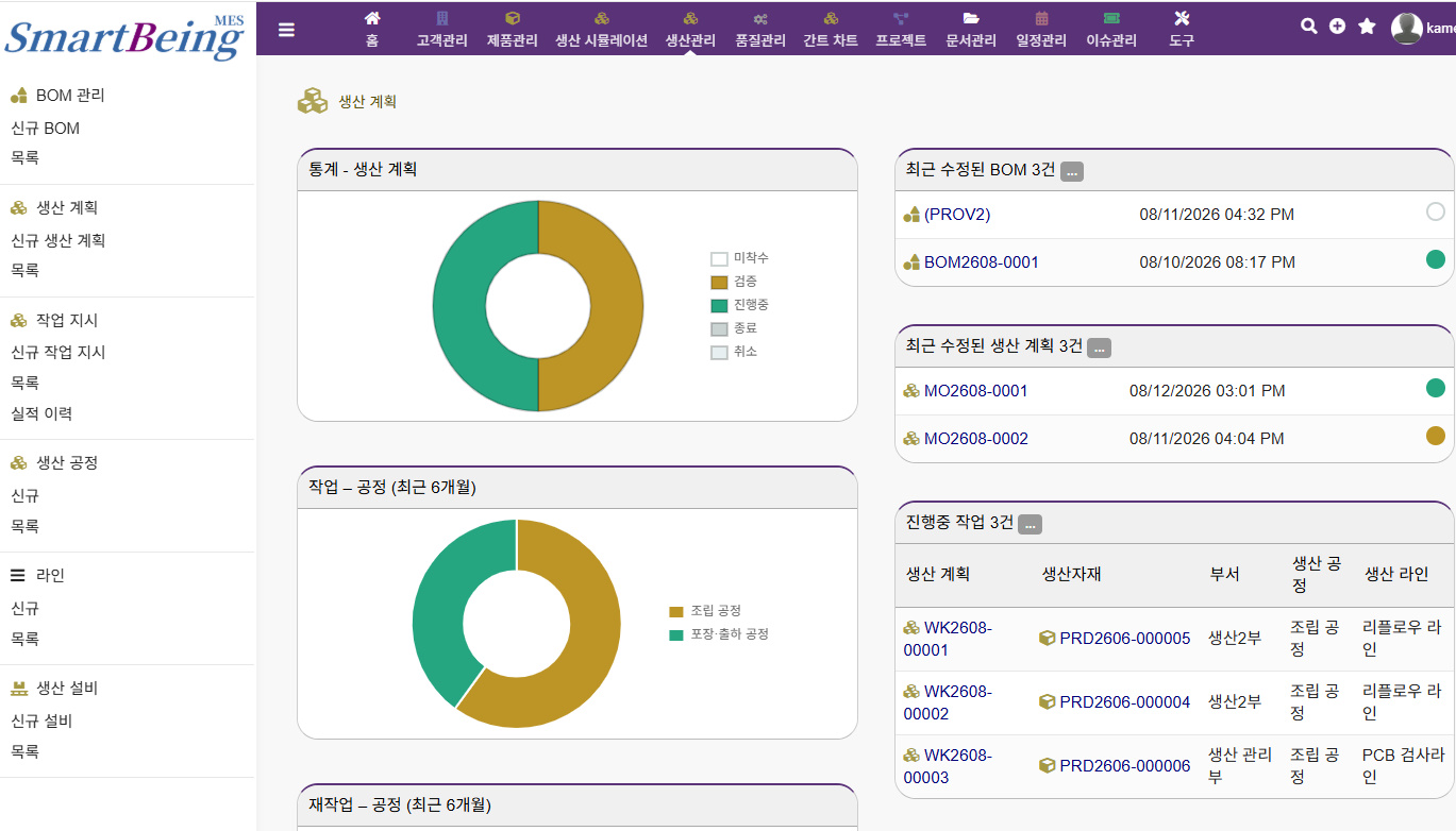 SmartBeing MES 데모 사이트 화면